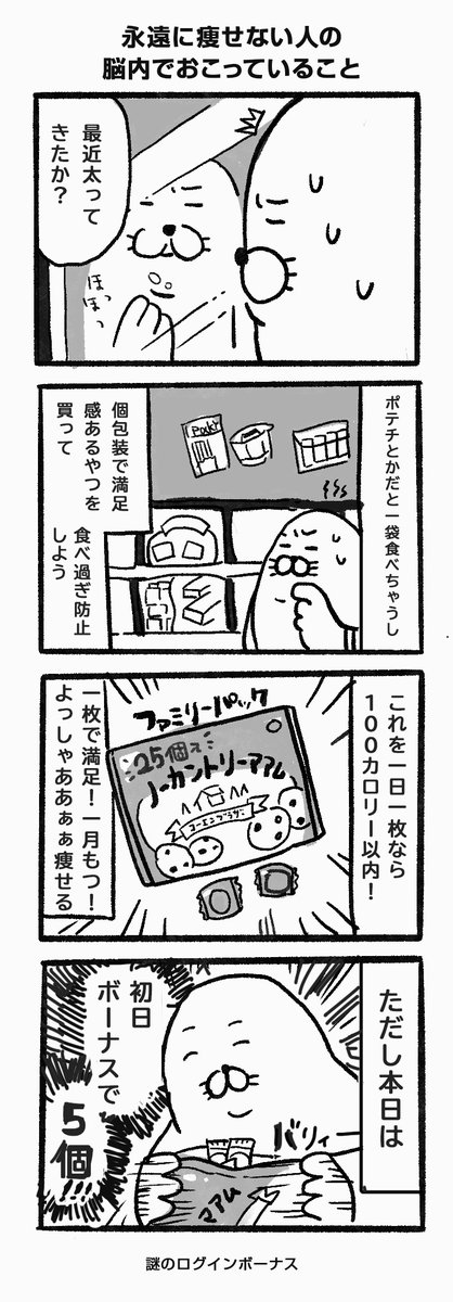 永遠に痩せない人の脳内でおこっていること

  #4コマ #4コマ漫画 #ダイエット #漫画が読めるハッシュタグ 