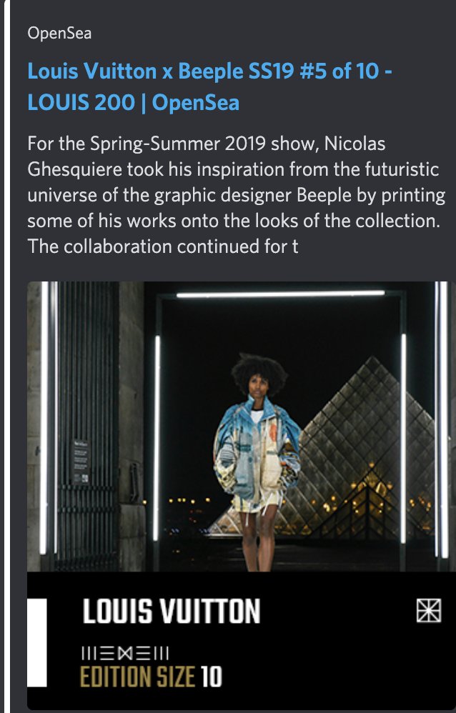 Louis Vuitton X Beeple nft, one of the most valuable nfts in the world. U can google 'Louis the Game' for that.
opensea.io/assets/0x56215…