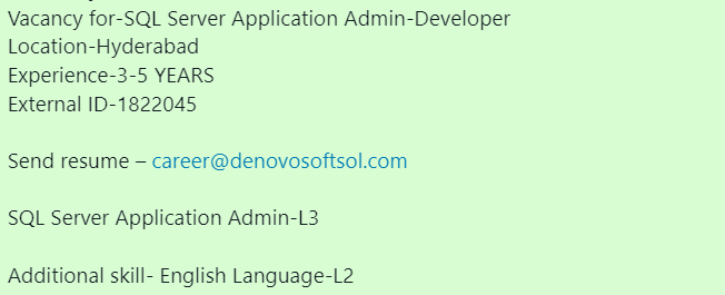 denovosoftsol's tweet image. #denovojobs
Vacancy for-SQL Server Application Admin-Developer
Location-Hyderabad
Experience-3-5 YEARS
External ID-1822045
Send resume – career@denovosoftsol.com
#sql #sqlserve #python #javascript #java #sqlserver #css #database #programmer #mysql  #datascience #webdevelopment