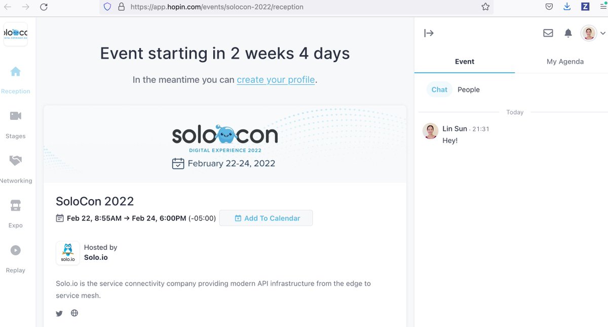 🔥🔥🔥 Registered for solocon.io today, love the @Hopin interface! Hope to see you there! I will be giving the Operationalizing @IstioMesh for Day 2 workshop with @RamVennam and @christianposta, along with the Fundamentals for #eBPF workshop with Lawrence!