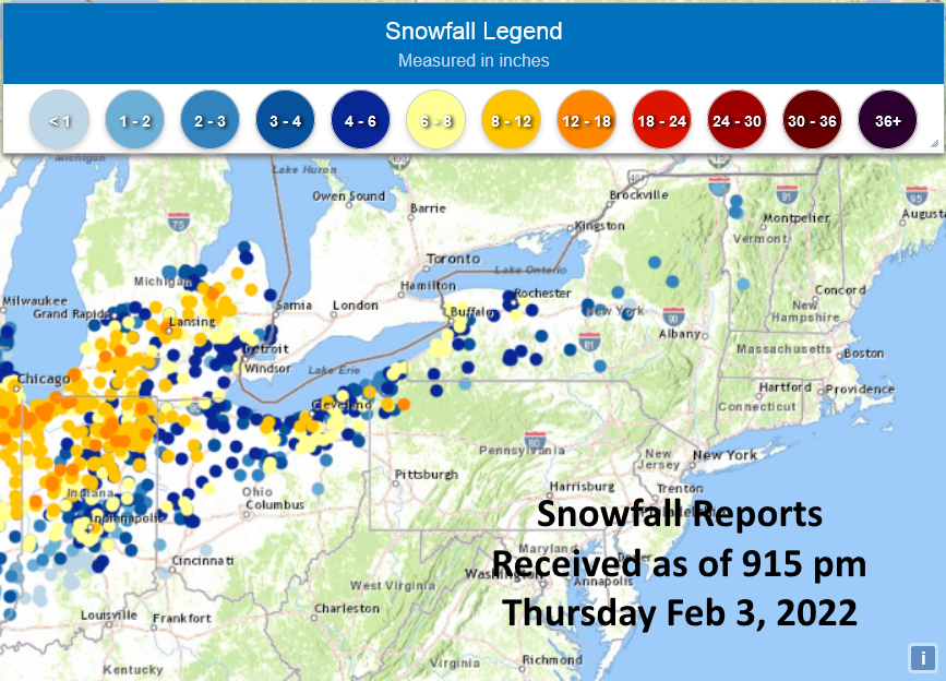 NWSEastern's tweet photo. Snowfall reports received as of 915 pm Thursday evening. Highest totals by state so far:
IN - Peabody 14.7"
MI - St. Joseph 13.8"
PA - Townville 12.5"
OH - Ridgeville Corners 11.3"
NY - Rapids 7.5"
VT - Burlington 2.5" https://t.co/DQOqO96mHQ