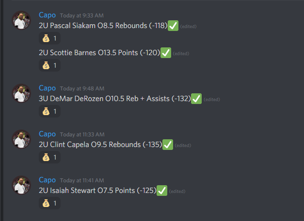 capointhecut's tweet image. 💰2/3 Discord Recap💰
2U Pascal Siakam O8.5 Rebounds (-118)✅
2U Scottie Barnes O13.5 Points (-120)✅
3U DeMar DeRozen O10.5 Reb + Assists (-132)✅
2U Clint Capela O9.5 Rebounds (-135)✅
2U Isaiah Stewart O7.5 Points (-125) ✅

▶️plays posted here:discord.gg/DU7HauUY