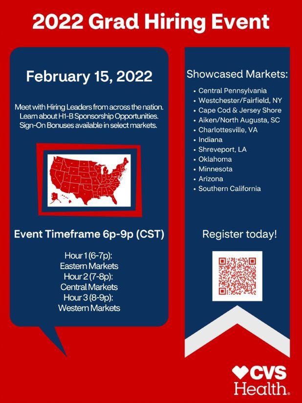 Yvette Garza (@yvettemgarza) on Twitter photo Join us for one BIG event on February 15th from 6pm- 9pm CST to learn more about where we are hiring 2022 Grads throughout the United States! 
Sign-on bonuses and H1-B Sponsorship Opportunities are available! #TeamCVS #pharmacygrads #pharmacyjobs #PharmacyCareer Join us for one BIG event on February 15th from 6pm- 9pm CST to learn more about where we are hiring 2022 Grads throughout the United States! 
Sign-on bonuses and H1-B Sponsorship Opportunities are available! #TeamCVS #pharmacygrads #pharmacyjobs #PharmacyCareer