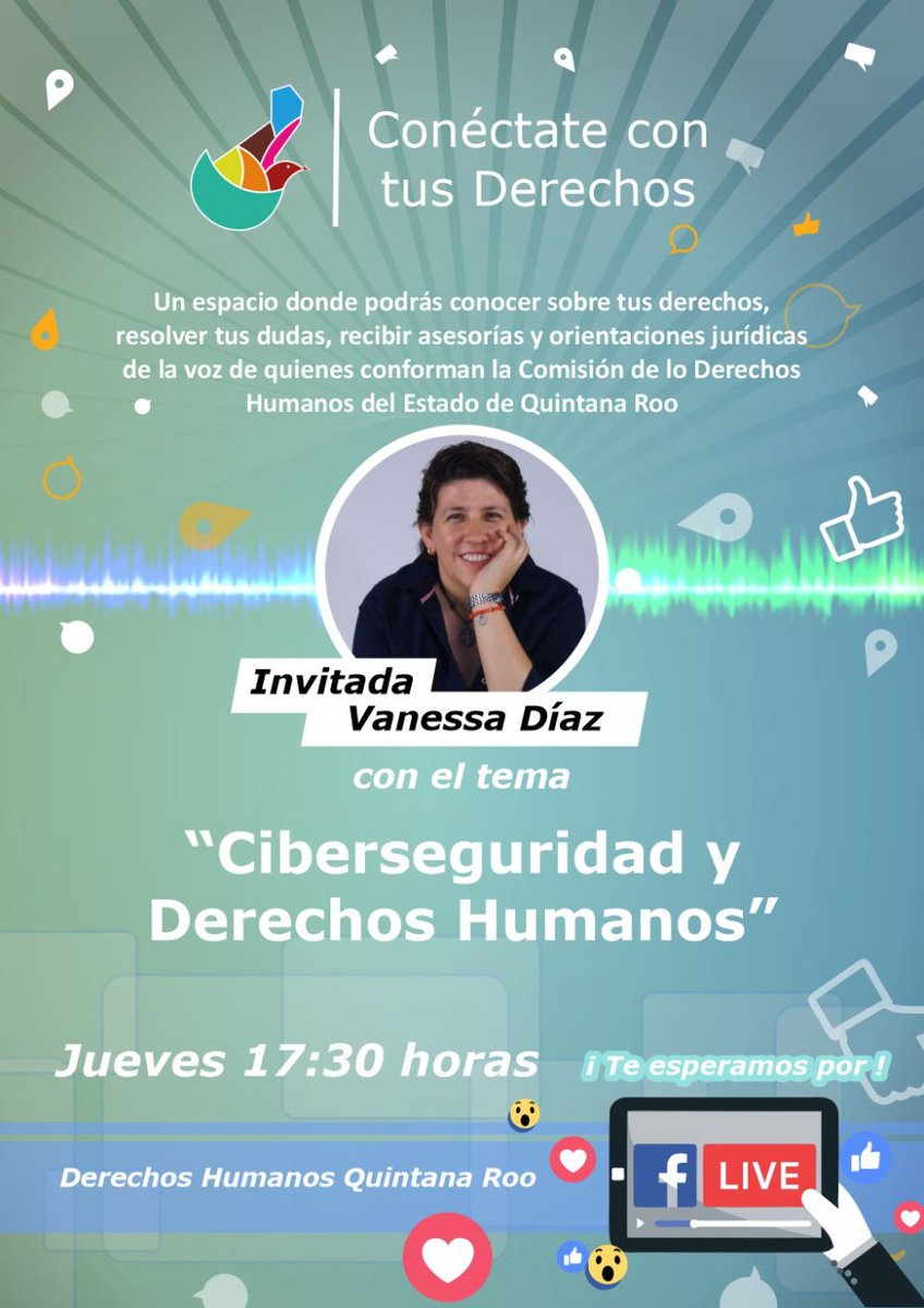 cdhqroo's tweet photo. ¿Qué tiene que ver la seguridad en medios digitales y tus DDHH? En #CCTD conversaremos con @vanediazrod especialista en drones, gobierno electrónico, telecomunicaciones, protección de datos personales y más, sobre este interesante tema.
Jueves 10-Feb ⏰17:30 QR / 16:30 CDMX https://t.co/9CuSmHIGki