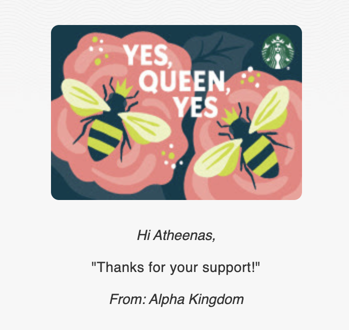 atheenas's tweet photo. Won a Starbucks gift card from the @AlphaKingdomNFT Twitter contest! Such great vibes already and the project is just getting started! ๐ #NFTCommunity #AlphaKingdom #NFTs #winning https://t.co/A1i7iepMxy
