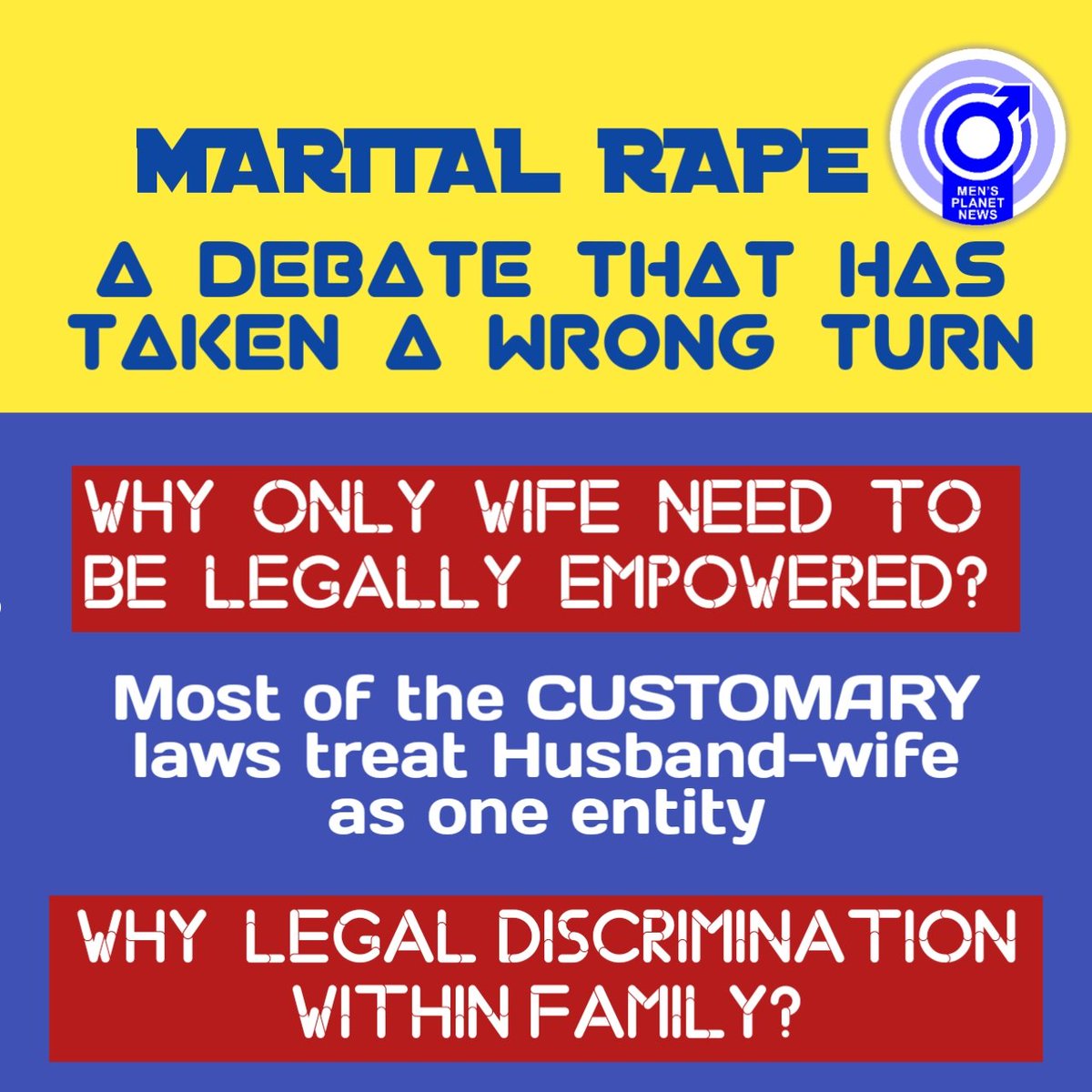 mpnewsin's tweet photo. Do you agree, that the #maritalrape debate has taken wrong turn?
Wouldn't this be #legaldiscrimination within the family?
#rescuefamily #savefamilytradition https://t.co/2m96uJJiZ6