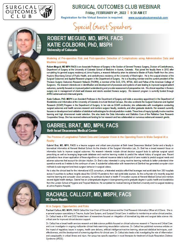 surginformatics's tweet image. Tomorrow, our PI. Dr. Brat @bratogram is a special guest speaker for the @SurgOutcomes Club. He will give a panel talk on “The Promise of Longitudinal Patient Data and #ComputerVision in the OR to make #SurgicalAI a Reality” @BIDMCSurgery #ASC2022 #medtwitter @AcademicSurgery #ML