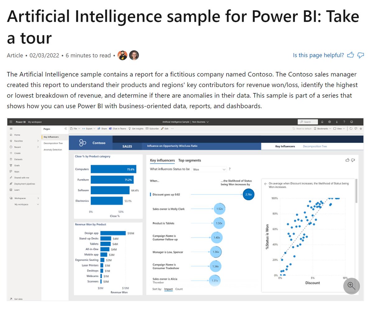 notaboutthecell's tweet image. An Artificial Intelligence sample report is now baked into the Learn section of the #PowerBI service for all your demo and user education needs.
Shout out to the dream team @ChrisHamill17 @myersmiguel @maggiesMSFT @marcreguera 
docs.microsoft.com/power-bi/creat…
