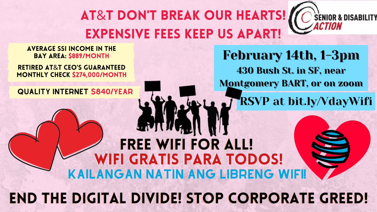 sdaction1's tweet photo. Join us as we ask AT&T to have a heart and provide #FreeWifi for seniors and disabled people! Come to the Valentine’s Day Action in downtown SF, Feb 14, 1 pm. Or join on zoom! RSVP: https://t.co/g3fITAv7R7
#EndTheDigitalDivide #FreeWifi #EndAbleism #EndAgeism #KeepUsConnected https://t.co/IVgGyW22Xz