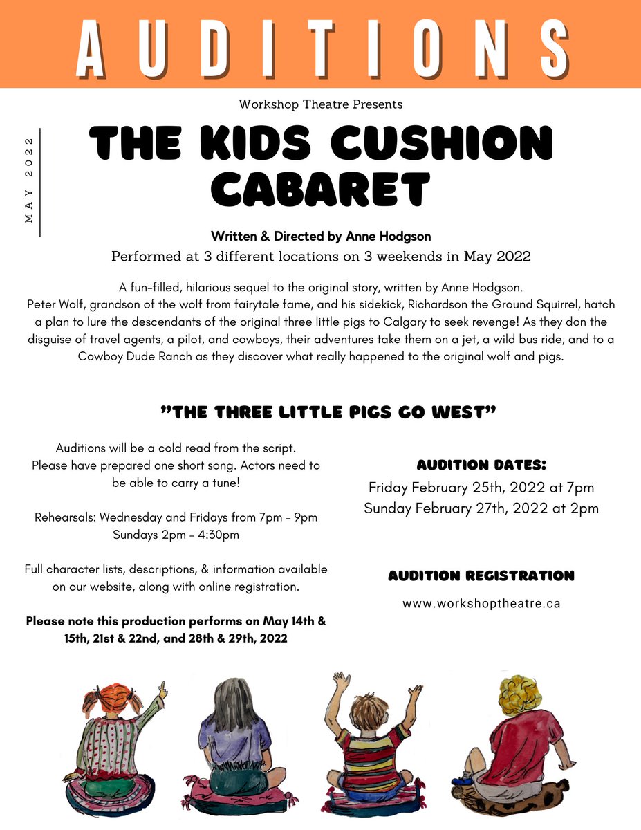 WTheatre's tweet photo. AUDITION ANNOUCEMENT!

We are excited to once again bring back our anticipated children's theatre, The Kids Cushion Cabaret "The Three Little Pigs Go West!"

Auditions: Friday February 25th, 2022 at 7pm &amp; Sunday February 27th, 2022 at 2pm.

 https://t.co/AG5PIUH1Qc https://t.co/tvJehAVdcT