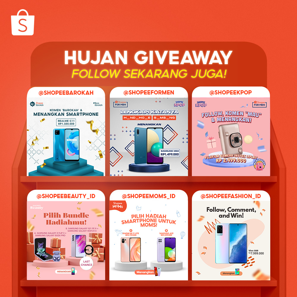 ShopeeID's tweet photo. 🎊 HUJAN HADIAH DI SHOPEE! 🎊

Sobat Shopee! Mau dapetin GADGET-GADGET KEREN dari Shopee? Buruan follow &amp; ikutan GIVEAWAY spesial di Instagram Shopee Barokah, Shopee For Men, Shopee Kpop, Shopee Beauty, Shopee Moms dan Shopee Fashion! Ada BANYAK kejutan menantimu! 🧡 #ShopeeID https://t.co/TlsSsAoZuJ