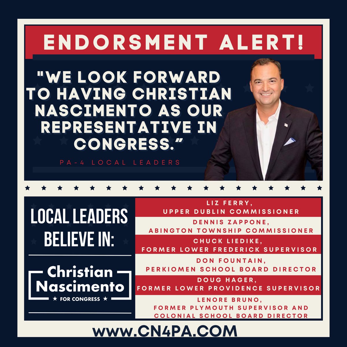 CNasForPA's tweet image. 🚨🚨 Endorsement Alert!! 🚨🚨

I’m so proud to have the support of so many people that work hard every day for our friends and neighbors. I will be a voice in #Congress for children, families, small businesses.

#CN4PA #christian4congress