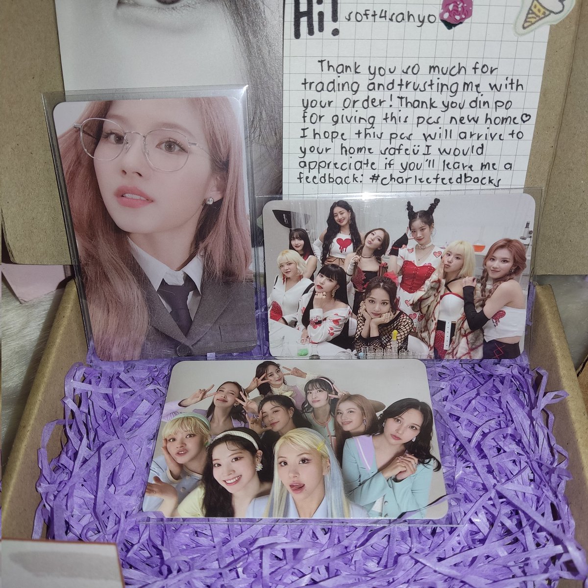 soft4sahyo's tweet photo. hiii @chrls_lnsng, thank you so much for trading with me! sana & ot9 came home na <3 my fave mail na cguro, napa-lmao ako dun habang naga-unbox ah hahshajsjaa luv the memes 😭 + yung freebies AAAA hiya aq sa akin >< thank u ulit!! 🤍
💌 #charleefeedbacks https://t.co/vQv4OaWdso