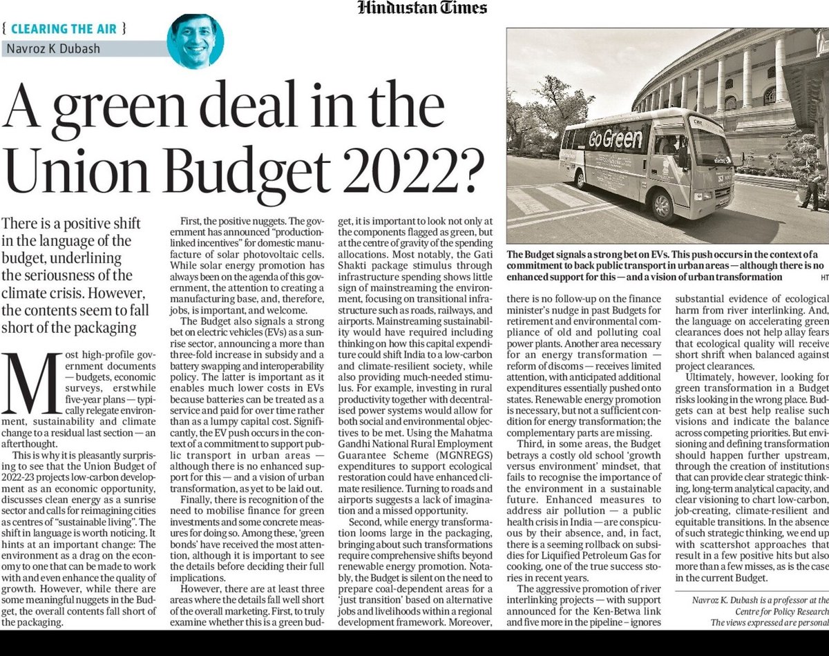 CPR Initiative on Climate, Energy and Environment (@cpr_climate) on Twitter photo There is a positive shift in the language of the #UnionBudget2022, underlining the seriousness of the #climate crisis. However, the contents seem to fall short of the packaging, writes <a href="/NavrozDubash/">Navroz K Dubash</a> in today's <a href="/htTweets/">Hindustan Times</a>. #BudgetSession2022 #ClimateCrisis hindustantimes.com/opinion/a-gree… There is a positive shift in the language of the #UnionBudget2022, underlining the seriousness of the #climate crisis. However, the contents seem to fall short of the packaging, writes <a href="/NavrozDubash/">Navroz K Dubash</a> in today's <a href="/htTweets/">Hindustan Times</a>. #BudgetSession2022 #ClimateCrisis hindustantimes.com/opinion/a-gree…