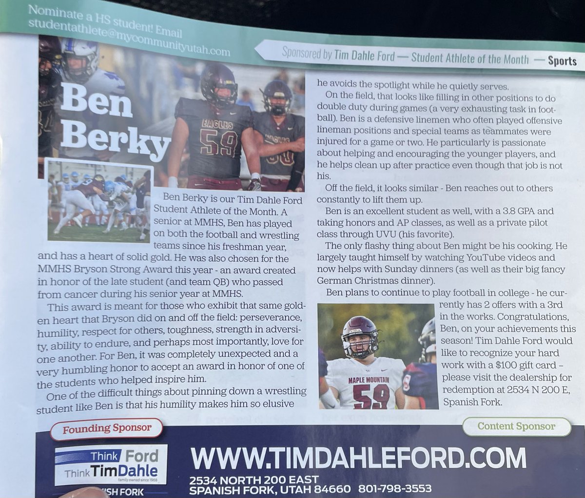 Thanks for the article #mycommunityspanishfork And thanks to whoever nominated me! Blessed to be in this community. <a href="/MapleMountainFB/">Maple Mountain Football</a> <a href="/coach_bshaw/">Brad Burtenshaw</a> <a href="/MapleMtnSports/">MapleMountainSports</a> #hardworkpaysoff  #ForeverBrysonStrong #faithfamilyfootball