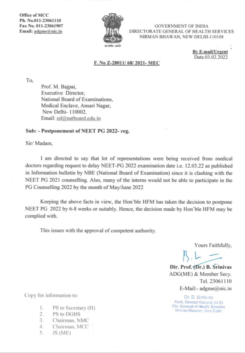 FordaIndia's tweet photo. Update regarding #NEETPGExamination2022 from @MoHFW_INDIA #MCC @mansukhmandviya @DghsIndia @NMC_IND @NBEMS_INDIA @ANI https://t.co/zenXkdrc9c