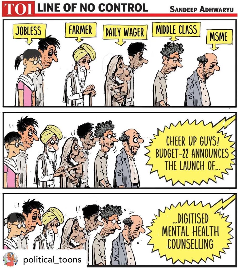 chaitime12's tweet photo. As it starves the jobless, farmers, daily wagers, the middle class &amp; MSME sector; &amp; squeezes the MNREGA &amp; Health budgets; the Govt announces increased budget for 'Mental health counseling'!
#Politics #Corruption #Journalism #Modi #NarendraModi #Bharat #India #Comedy #Peace #Funny https://t.co/Yr6E1zmU39