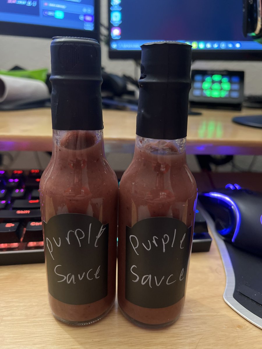CoachDeck51's tweet photo. I am PROUD to have bottled my #PurpleSauce with shrink wrap and a sticker💪🏻💪🏻💪🏻

Please let me know if you may be interested in this Blackberry Habanero sauce. It is something I have been contemplating for YEARS #FreelanceCook #PleaseShare
 #GoesOnEverything https://t.co/idmIAOiyoL