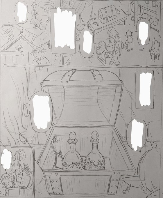 ダンジョンで魔法の秘薬を発見する歴戦の女戦士と相棒。
どちらかが「若返りの薬」どちらかが「老化の薬」。 