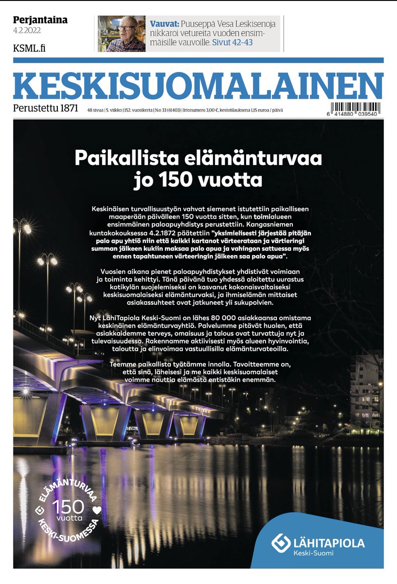 Tänään tulee täyteen 150 vuotta siitä kun toimialueemme ensimmäinen paloapuyhdistys  perustettiin! <a href="/LT_KeskiSuomi/">LähiTapiola Keski-Suomi</a> #elämänturva #etäjuhlat