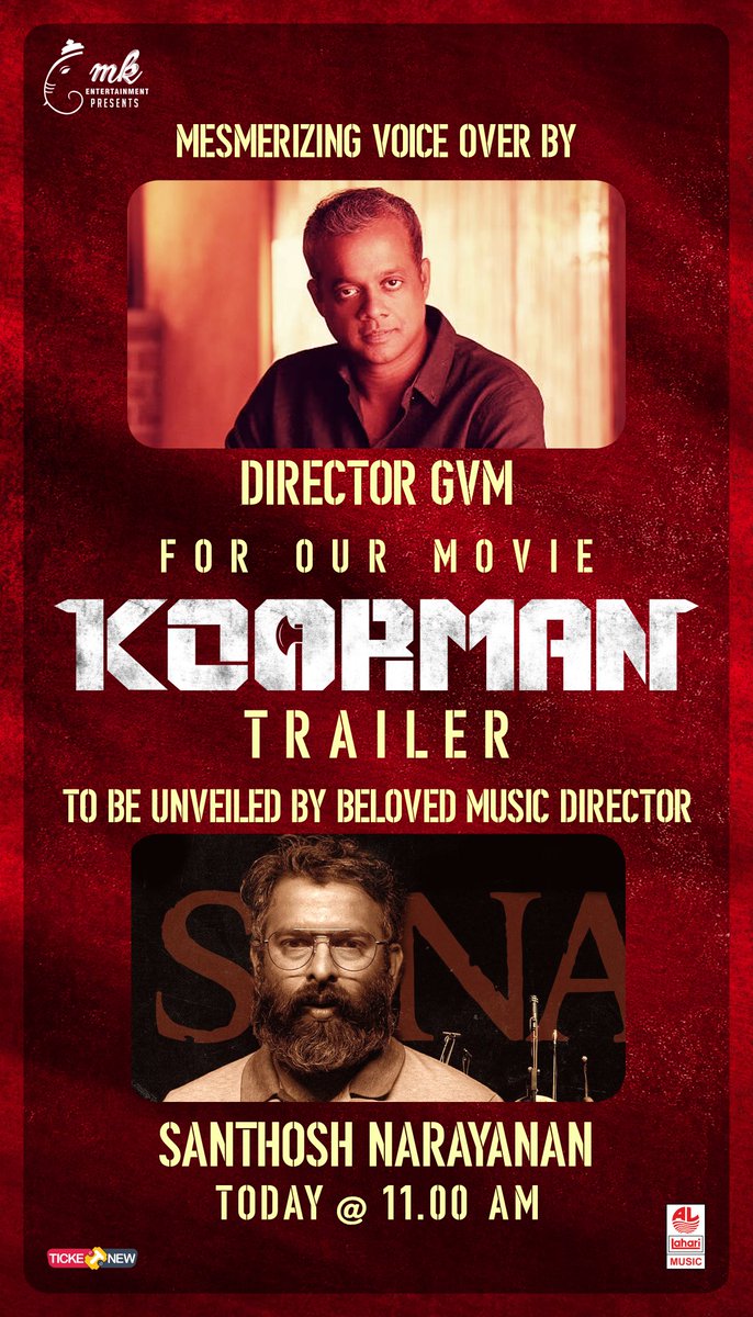MKEntertainment (@mk4enter) on Twitter photo #Koorman Trailer with mesmerising voice over of director <a href="/menongautham/">Gauthamvasudevmenon</a> will be unveiled by beloved music director <a href="/Music_Santhosh/">Santhosh Narayanan</a> today at 11AM.
@mk4Enter <a href="/Rajajeemanickam/">Rajajee</a> <a href="/Bala_actor/">Bala saravanan actor</a> <a href="/jananihere/">Janani</a> <a href="/PraveenSurviver/">Praveen_surviver</a> @Sathishprabhu85 <a href="/BryanB_George/">Bryan B. George</a> <a href="/gopiduet/">Gopi Karunanithi</a> <a href="/Tonycomposer/">Tony Britto</a> #Koorman Trailer with mesmerising voice over of director <a href="/menongautham/">Gauthamvasudevmenon</a> will be unveiled by beloved music director <a href="/Music_Santhosh/">Santhosh Narayanan</a> today at 11AM.
@mk4Enter <a href="/Rajajeemanickam/">Rajajee</a> <a href="/Bala_actor/">Bala saravanan actor</a> <a href="/jananihere/">Janani</a> <a href="/PraveenSurviver/">Praveen_surviver</a> @Sathishprabhu85 <a href="/BryanB_George/">Bryan B. George</a> <a href="/gopiduet/">Gopi Karunanithi</a> <a href="/Tonycomposer/">Tony Britto</a>