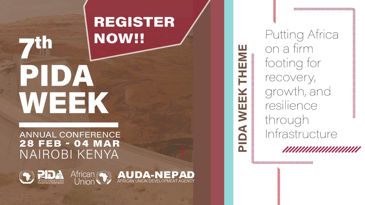 PIDA_Africa's tweet image. The #7thPIDAWeek will serve as a venue for mobilizing project preparation resources, marketing #PIDAPAP2 projects, and reporting on #PIDAPAP1 project progress.
Register here➡️7thpw.vfairs.com/en/registration to attend the high-level sessions curated into various sub-themes.  
#7thPIDAWEEK
