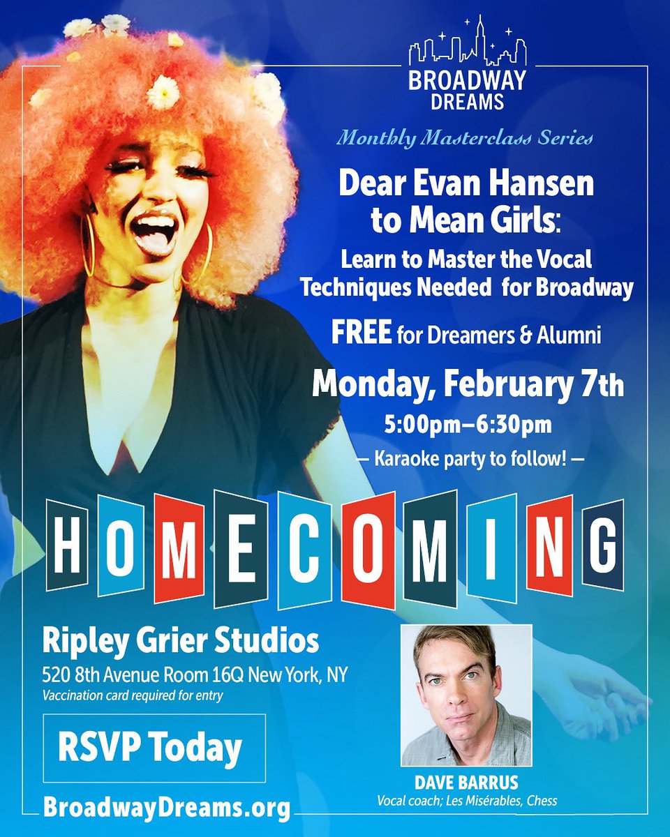 FREE vocal class with Dave Barrus for Dreamers &amp; Dreamer alumni! 5-6:30pm this Monday at Ripley-Grier Studios, followed by a karaoke party with any alumni who want to join us! RSVP here- docs.google.com/forms/d/e/1FAI…