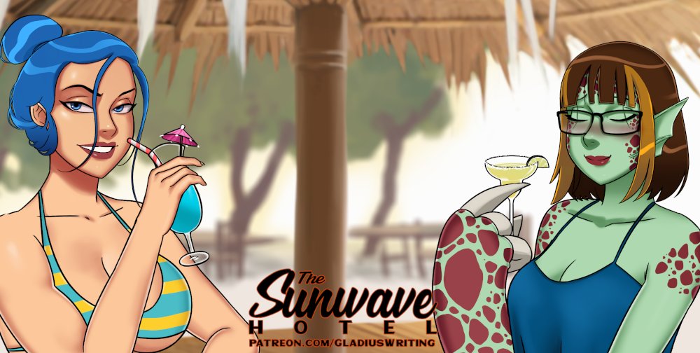 GladiusWriting's tweet photo. Message from the Front Desk #35 - Drinks all around! (Monstergirl Flashing) #scenepreview #2dart #characterart #scifiart #monstergirl #cute #SunwaveHotel #indiegame #indiegamedev https://t.co/93LneZkGp2 https://t.co/sMzEbMM7VP