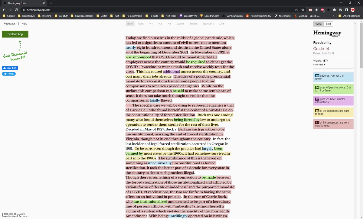 MattENGL350's tweet photo. Not entirely sure what to make of the Hemmingway app.  I don't use any sort of grammar checkers or the like, so I can't compare it to anything really.  I did copy my final essay from PHIL 321 into it and was told it sucked, which was mildly amusing to be fair. https://t.co/Zs5DpASTK4
