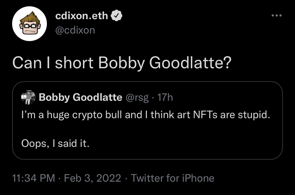 rsg's tweet photo. I’ve beat Chris to every good investment he’s ever made so I welcome the short.

Chris was series B at Coinbase, I was series A.

Chris bought ETH in 2015, I bought in 2014. 🤷‍♂️

Dunks, then blocks me. What a clown https://t.co/eY7LSetQ3P