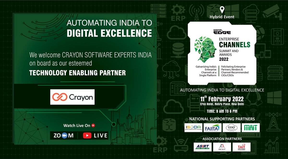 DigitalEdgeMag2's tweet image. We welcome the onboarding of CRAYON SOFTWARE EXPERTS INDIA as our esteemed TECHNOLOGY ENABLING PARTNER for the DIGITAL EDGE ENTERPRISE CHANNELS SUMMIT &amp;amp; AWARDS 2022 to be held on 11th February 2022 in New Delhi. 
Please register: lnkd.in/g7YFCfTz
 #cybersecurity #Crayan
