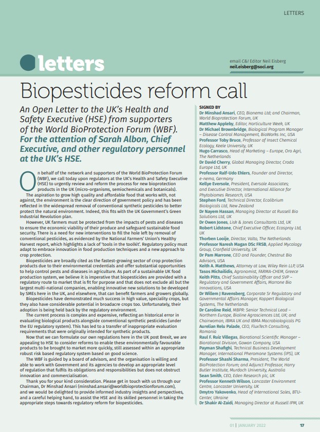 Last week, a group of supporters of the World BioProtection Forum appealed to the UK government to reform the process for new bio protection products. Our director Thorben Looije is one of this supporters who signed this letter together with a.o. <a href="/koppert/">Koppert</a> and <a href="/bioworksinc/">BioWorks</a>.