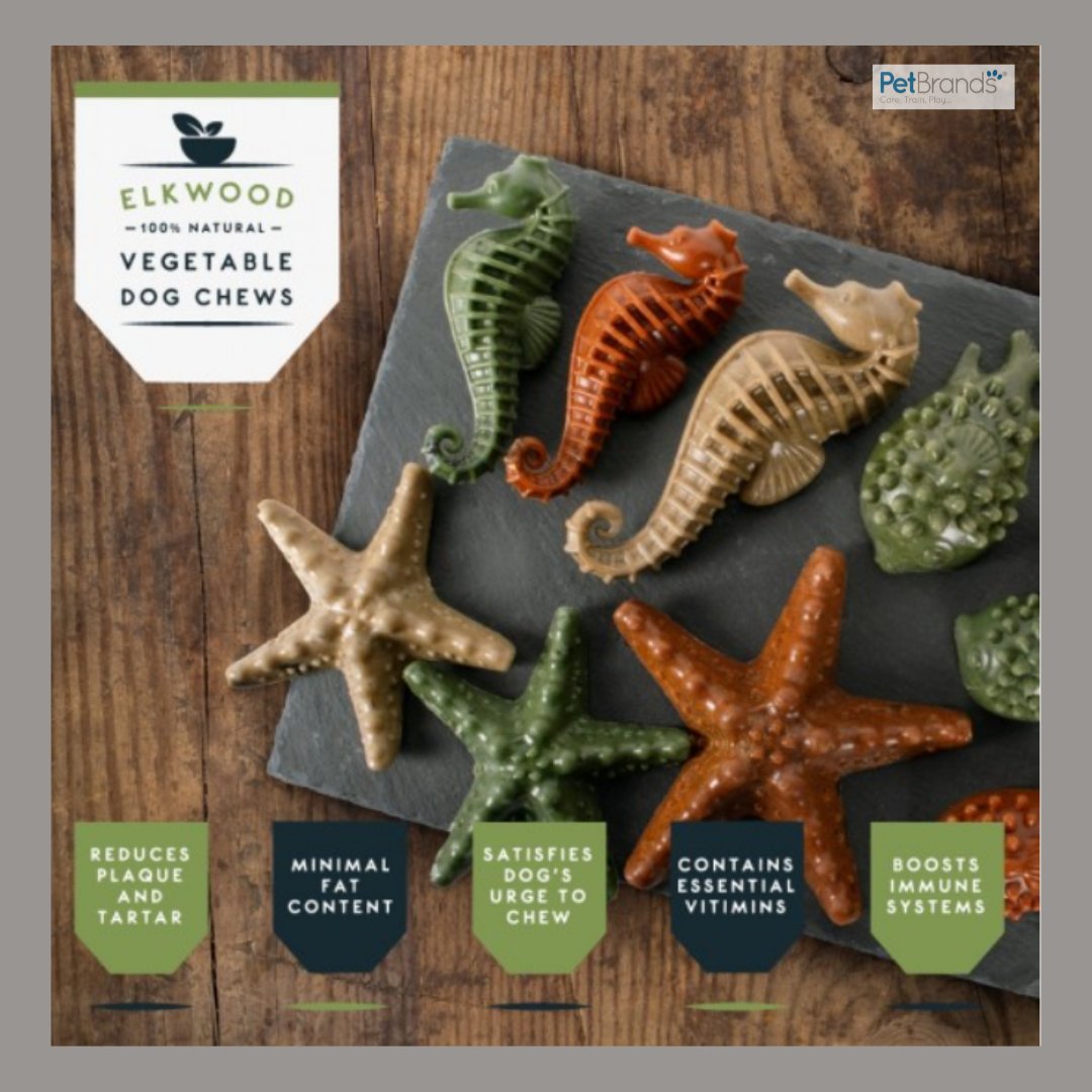 Made from 100% natural ingredients, the Elkwood Vegetable Sea Creatures are the perfect multi purpose treats for dogs.
The bumps and grooves help to clean teeth and soothe gums, whilst satisfying a dog's natural urge to chew.

#PetBrands #Pets #PetDentalHealthMonth