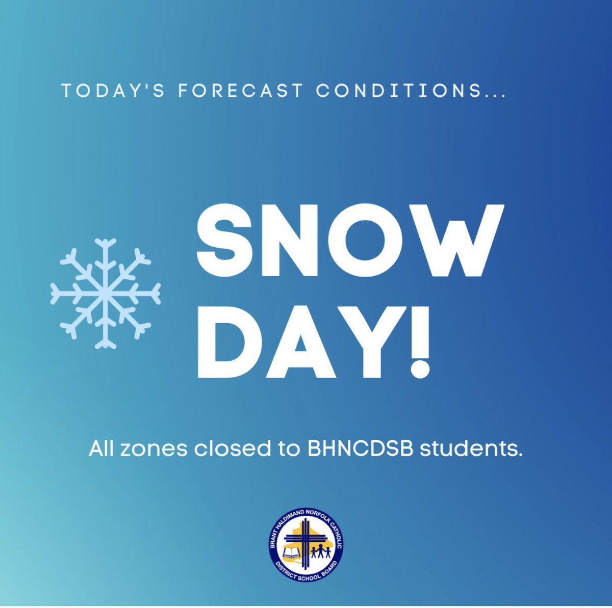As a result of inclement weather and hazardous road and surface conditions, transportation in all zones is cancelled and schools are closed. Students will have asynchronous learning activities posted on Brightspace class pages.