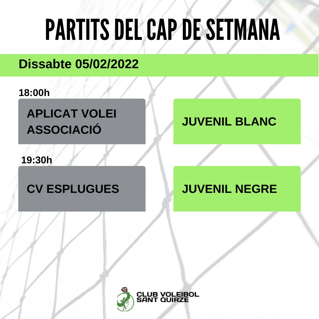 VoleiSQV's tweet photo. 🟢⚫️ Ja estan disponibles els horaris dels partits d'aquest cap de setmana.
#gentactiva #JoActuo #esportcat #retrobada #aprenentsempre #somosvoleibol #voleicat @cv_sant_quirze @fcvoleibol @ajsantquirze https://t.co/2KWbEDH88O