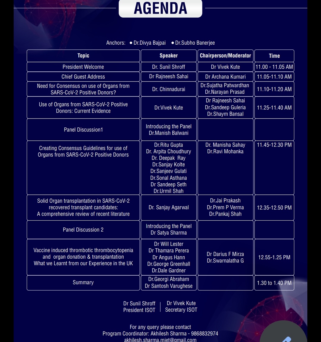 ISOT presents webinar on "Use of organs from SARS-CoV-2 positive donors" 
A comprehensive discussion to create national guidelines
📅 6th Feb 2022
⌚11:00am to 1:45pm IST
Register here streamgo.in/ISOT-Webinar-2…