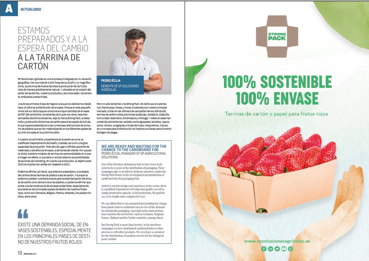 SP_Soluciones's tweet photo. Lectura para el fin de semana 👉 Nuestro gerente, Pedro Écija, habla en el número de febrero de la @RevistaMercados sobre nuestra línea de negocio de #tarrinas de #cartón 📦 para #berries y otros cultivos 🍓🥑🍊🍒. 

📰 Revista completa ➡️ https://t.co/wkKYUByxHC https://t.co/Q8FebL3MA0