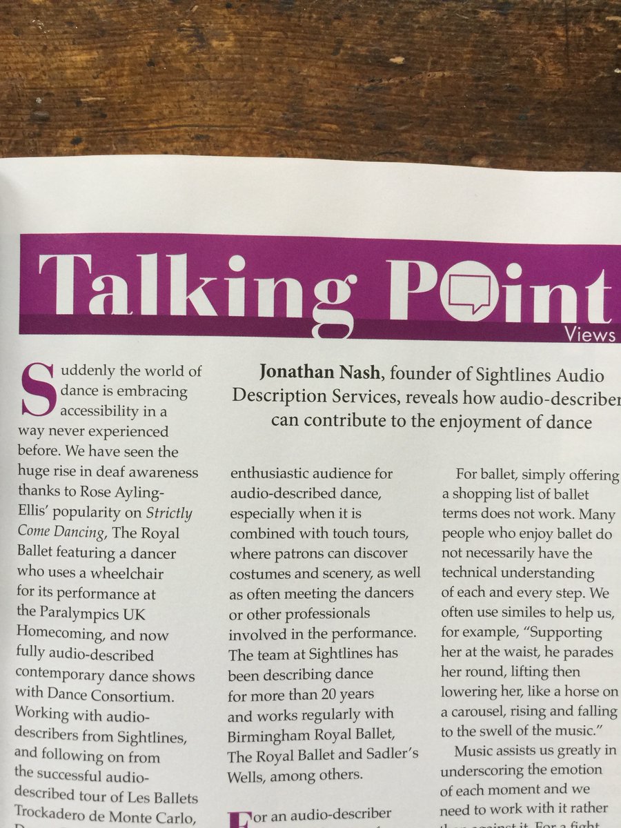marthaoakespr's tweet photo. "With contemporary dance...a collaborative approach will always yield the best results" #JonathanNash of @SightlinesAd writing on #AudioDescription in @dancingtimes before @DanceConsortium's audio-described @AcostaDanza shows @Sadlers_Wells @The_Lowry @NewTheatreHull @TRPlymouth https://t.co/gdRpBQ4uPE