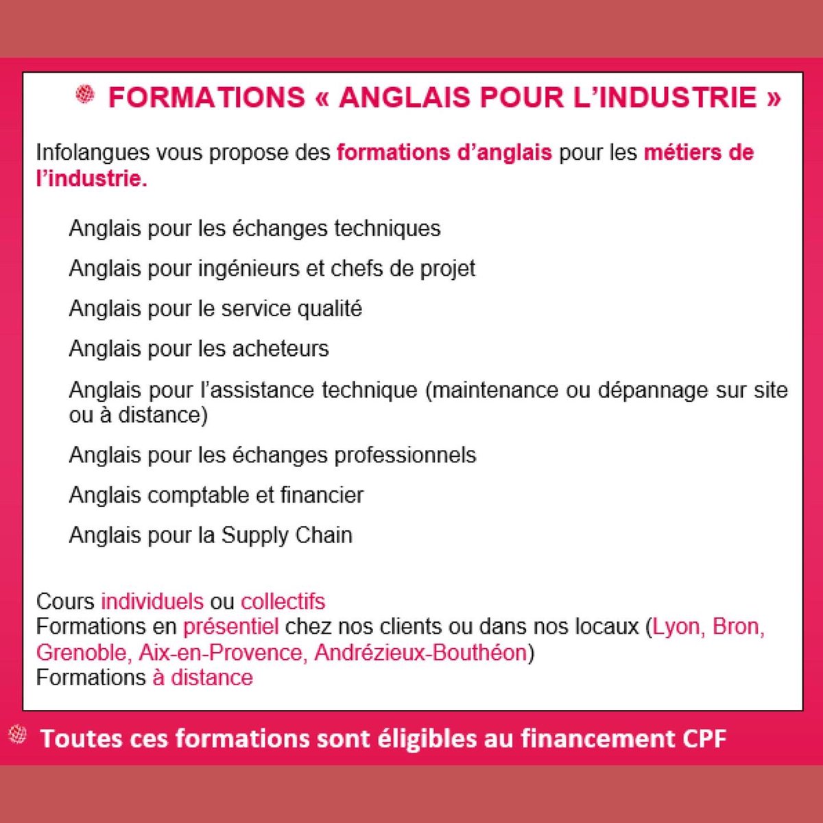 infolangues's tweet photo. #Infolanguesnews ANGLAIS POUR L’INDUSTRIE*

Vous devez parler en anglais avec des clients, fournisseurs ou collaborateurs anglophones ? Infolangues vous propose de nombreuses formations d’anglais pour les métiers de l’industrie. Contactez-nous!
*Formations éligibles CPF &amp; FNE https://t.co/74i8D8VWBE