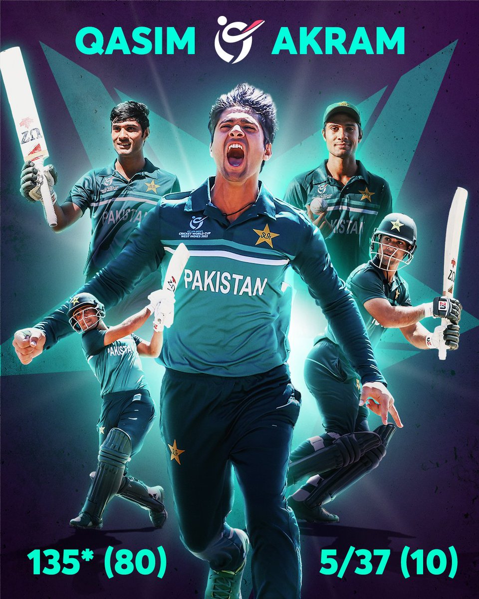 Appreciation Tweet for Qasim Akram❤️
The first player to Century and take a five wicket haul in the same inning in u19 WC... 🙌❤️🇵🇰
#U19CWC