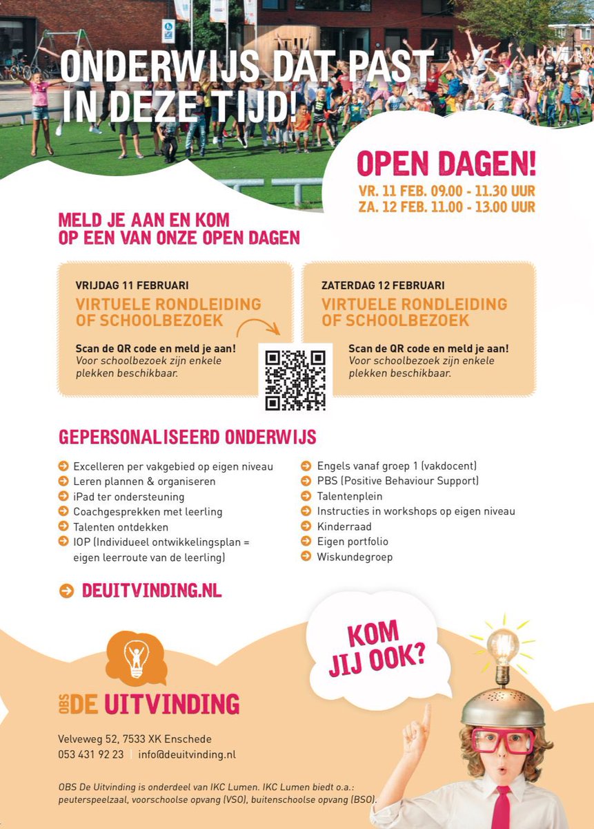 Via de QR code kunt u zich aanmelden voor de schoolbezoeken of de virtuele rondleiding. Wij hebben we er zin in!