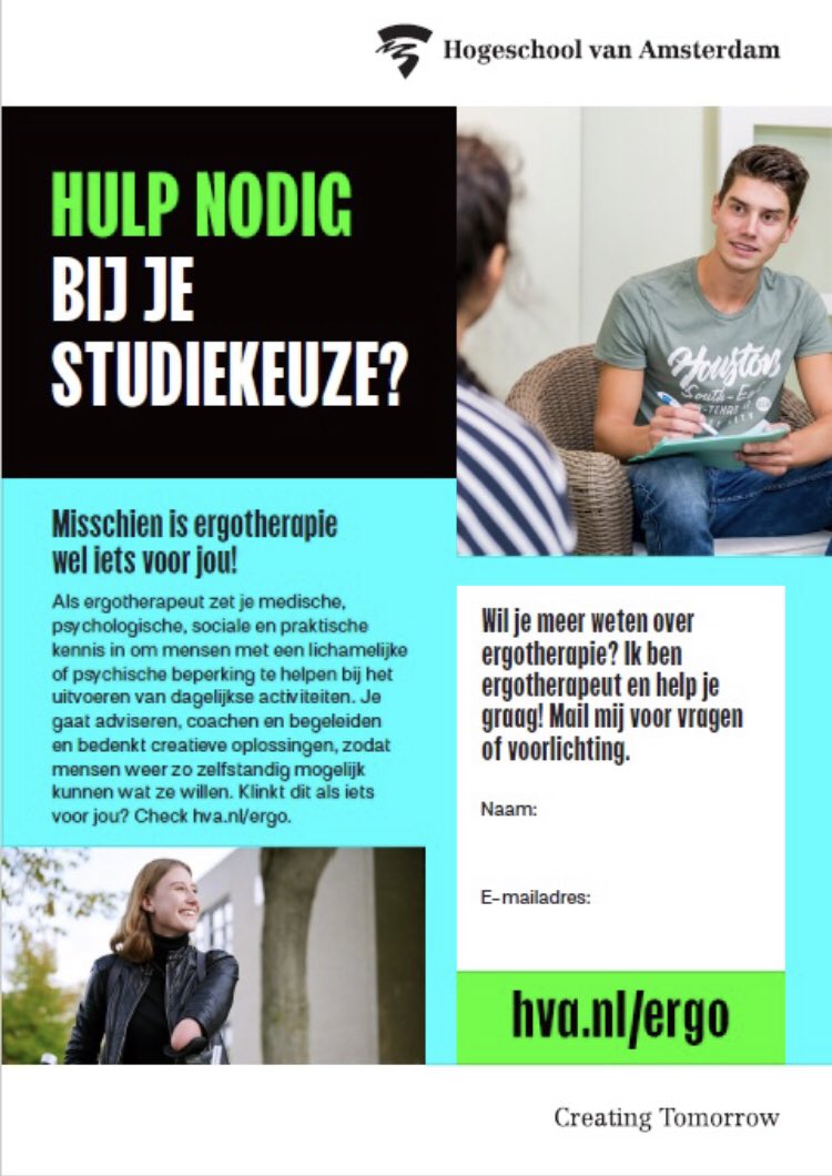 Het werkveld krijgt de vacatures niet ingevuld waardoor er hard nieuwe ergotherapeuten nodig zijn. Oftewel meer mensen die ET gaan studeren! Help jij mee voorlichting geven met onze flyers? We sturen ze graag op. Hang ze op in een middelbare school, supermarkt, sportschool etc.