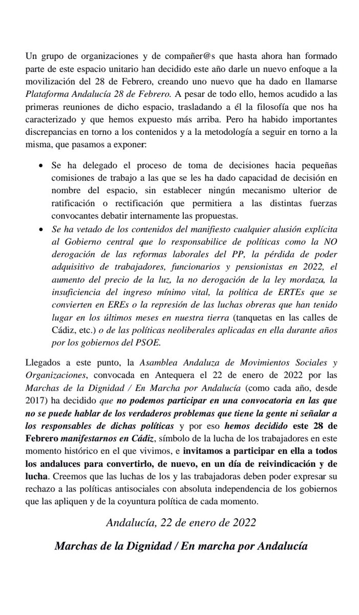 Comunicado de las marchas de la dignidad del 28 de febrero.