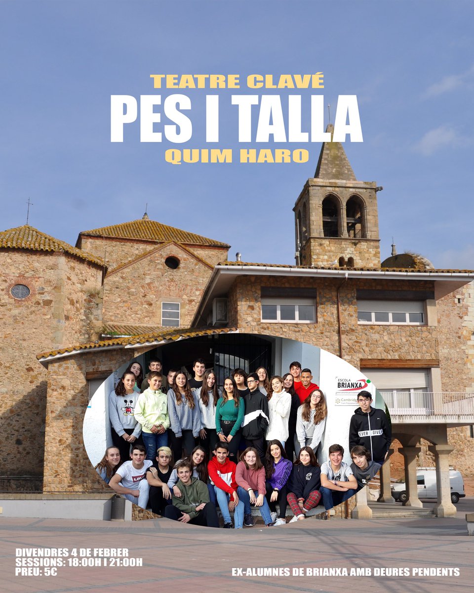 escolabrianxa's tweet photo. 📣 Us recordem que avui tindrà lloc al @TeatreClave la representació de l’obra “PES I TALLA”, de Quim Haro, protagonitzada pels ex-alumnes de l’escola! 🎭 Esperem que la gaudiu molt! 👏🏻 #Brianxa #Tordera #teatre #compartirmoments https://t.co/u4o3xpkT6J
