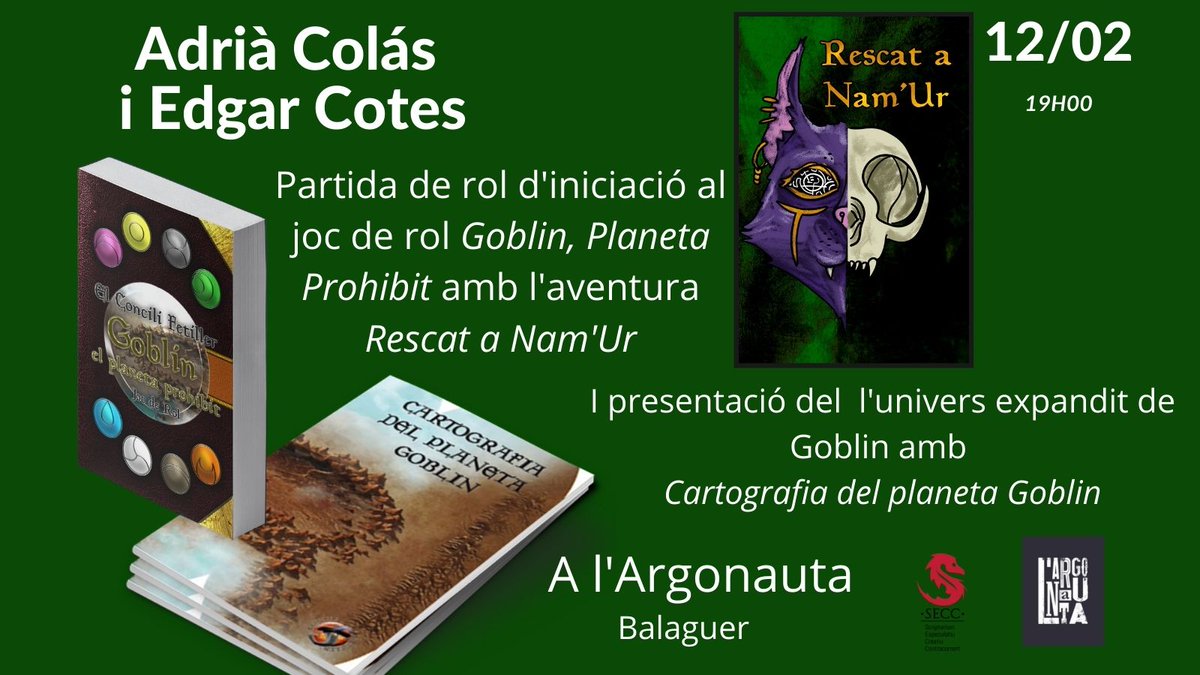 eowin32002's tweet photo. El 12FEB, 19h a  #LlibrerialArgonauta l'@Edgar_Cotes  i en @Zeltiki  parlaran  de l'univers Goblin "Cartografia del planeta Goblin" i "Goblin, planeta prohibit", #JdR.
I en @Zeltiki ens farà de mestre fetiller en una partida d'iniciació al #JdR, amb l'aventura "Rescat a Nam'Ur". https://t.co/cflfzszXQR