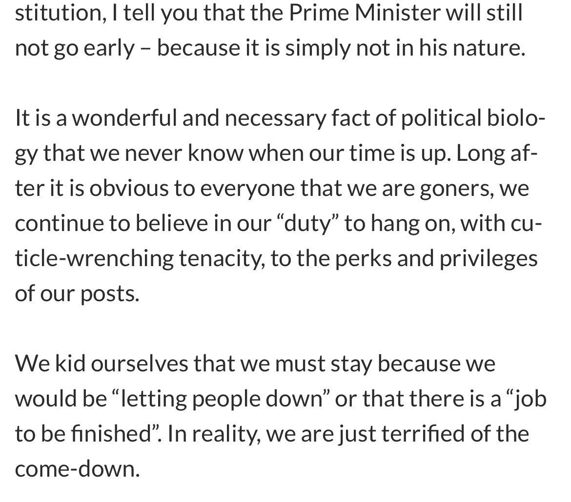 JohnFinnemore's tweet image. Here is Boris Johnson writing about the predicament he finds himself in, and why he still can’t bring himself to resign. 

It’s surprisingly honest and insightful. Possibly because he wrote it in 2006, about Tony Blair.