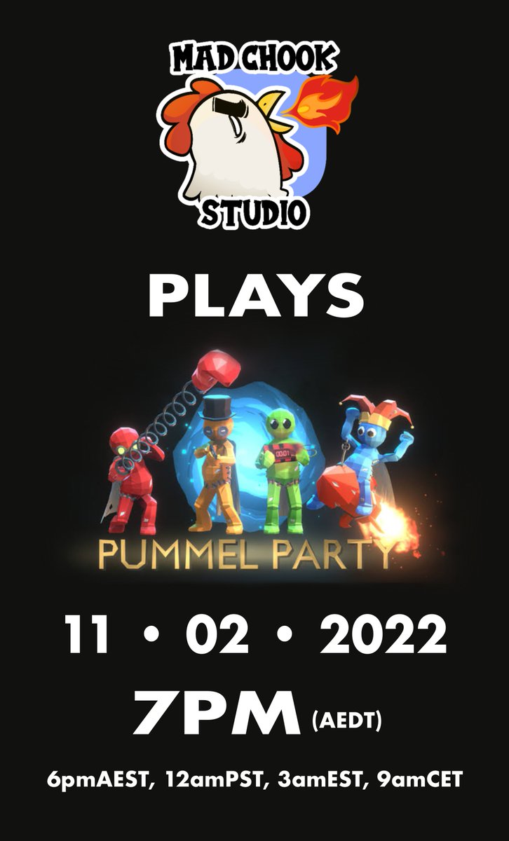 Stream tomorrow! Everyone at the studio will be playing Pummel Party over on #twitch this Friday at 7pm AEDT💪🐔

twitch.tv/madchookstudio 

#TwitchStreamers #PummelParty #streaming #smallstreamer #PartyGames