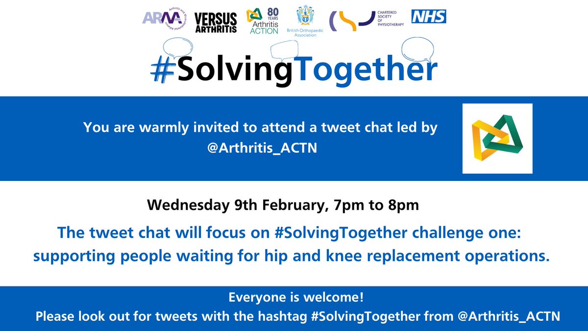 Arthritis Action (@arthritis_actn) on Twitter photo Join us from 7pm on Weds 9th Feb for a tweet chat discussing <a href="/NHSuk/">NHS</a>’s #SolvingTogether challenge: How can we best support people waiting for hip & knee operations?
Look out for tweets with #SolvingTogether!
<a href="/HorizonsNHS/">NHS Horizons</a> <a href="/WeAreARMA/">ARMA</a> <a href="/VersusArthritis/">Versus Arthritis</a> <a href="/thecsp/">Chartered Society of Physiotherapy (CSP)</a> <a href="/BritOrthopaedic/">BOA</a> Join us from 7pm on Weds 9th Feb for a tweet chat discussing <a href="/NHSuk/">NHS</a>’s #SolvingTogether challenge: How can we best support people waiting for hip & knee operations?
Look out for tweets with #SolvingTogether!
<a href="/HorizonsNHS/">NHS Horizons</a> <a href="/WeAreARMA/">ARMA</a> <a href="/VersusArthritis/">Versus Arthritis</a> <a href="/thecsp/">Chartered Society of Physiotherapy (CSP)</a> <a href="/BritOrthopaedic/">BOA</a>