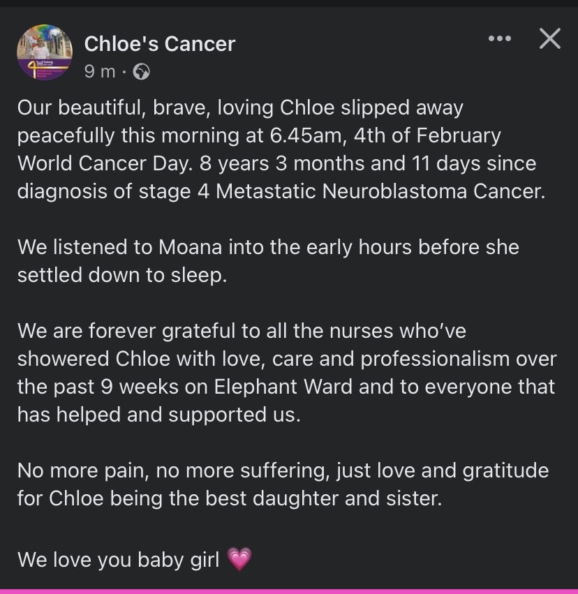 Chloeballoqui's tweet image. Our beautiful, brave, loving Chloe slipped away peacefully this morning at 6.45am 4th of February World Cancer Day.   8 years 3 months and 11 days since diagnosis of stage 4 Metastatic Neuroblastoma. 
 
We love you baby girl 💗