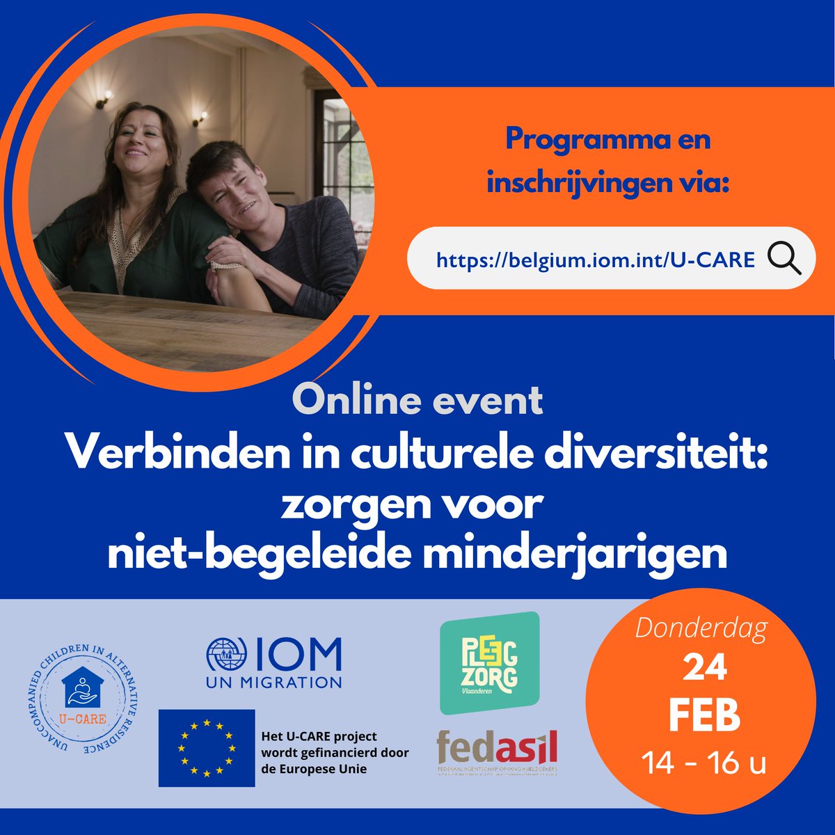 🎫In het kader van het U-CARE-project nodigen wij jou graag uit voor een debat over cultuursensitieve zorg voor niet-begeleide minderjarigen. ✍️belgium.iom.int/u-care

📅Donderdag 24 februari
🗣️Het online evenement gaat door in het Nederlands en Frans, met simultane vertolking